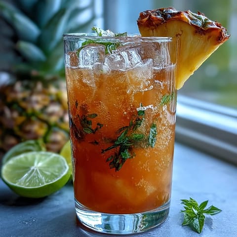 Refreshing pineapple basil agua fresca with fresh basil leaves and lime in a clear glass pitcher, garnished with pineapple wedges and lime slices.