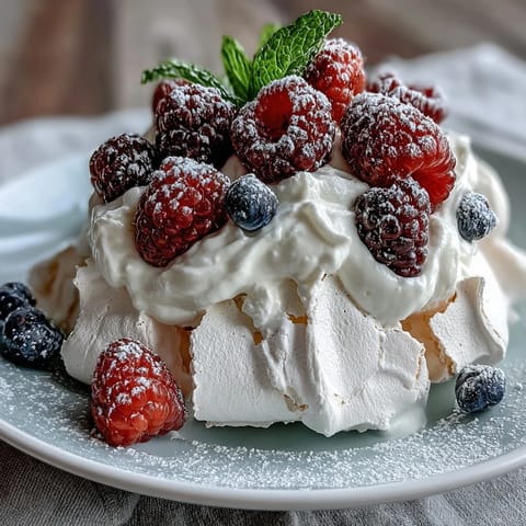 Mothers Day Pavlova with Mixed Berries: Crisp meringue shell topped with whipped cream and vibrant berries, perfect for a festive dessert celebration.