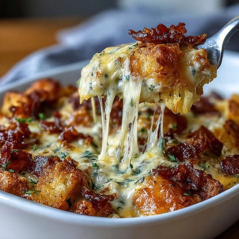 Amish breakfast casserole with hash browns, eggs, and sausage in a golden-baked dish, loaded with melted cheese and savory sausage.