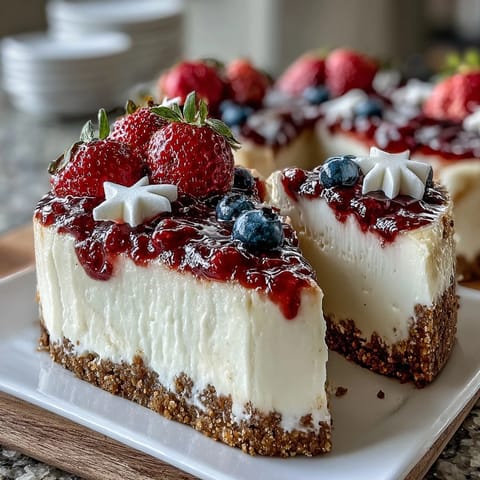 Vibrant no-bake cheesecake decorated with fresh berries to resemble the American flag for Fourth of July celebrations.