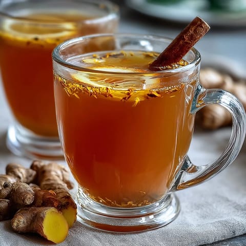 A warm mug of dandelion root tea with ginger and turmeric, glowing with golden hues and aromatic steam rising.