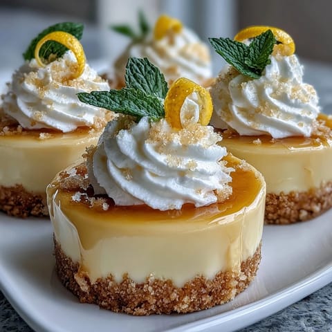 Lemon mousse cups with shortbread cookies, garnished with mint and lemon zest curls, perfect for spring gatherings.  