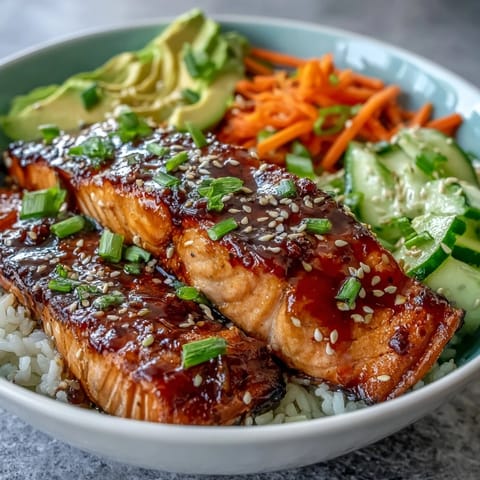 A vibrant 15-minute teriyaki salmon bowl with glazed salmon, crisp vegetables, and fluffy jasmine rice.  
