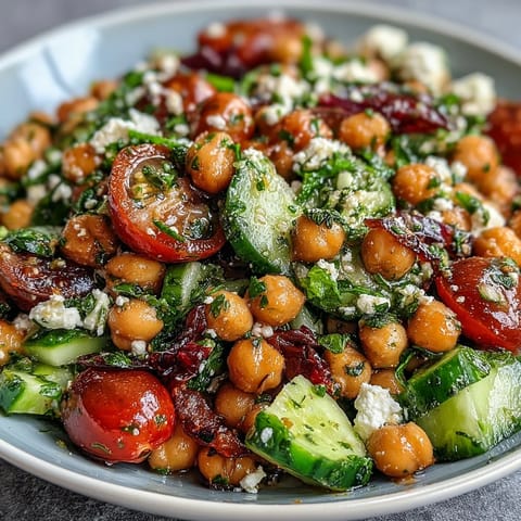 Cold Chickpea Salad with Lemon Herbs: a bright, herb-flecked medley of chickpeas, tomatoes, and cucumbers in zesty lemon dressing.