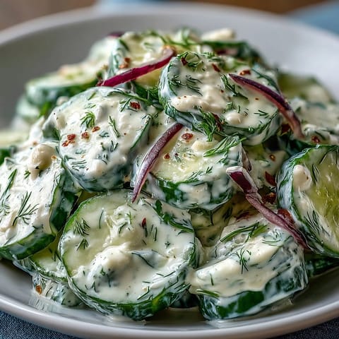 Creamy Cucumber Dill Salad with fresh cucumbers and tangy dill dressing in a white bowl, garnished with dill sprigs.