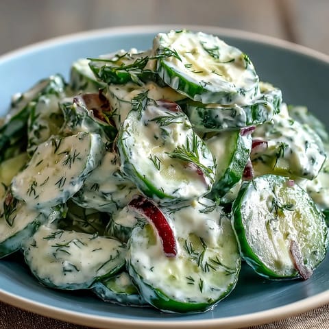 A bowl of Creamy Cucumber Dill Salad featuring crisp cucumber slices in a rich, creamy dill dressing, perfect for summer gatherings.