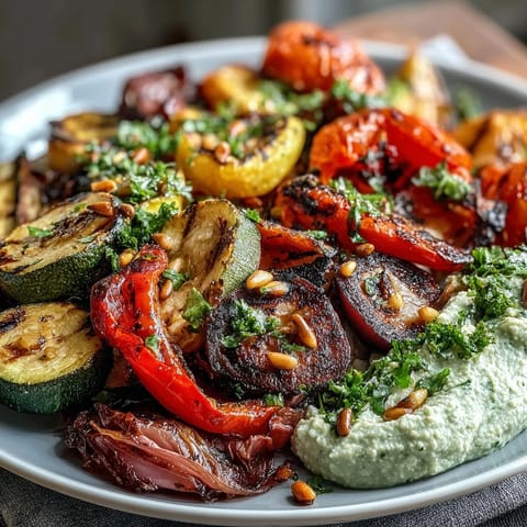 Vibrant summer platter featuring grilled zucchini, peppers, and eggplant with rich, smooth hummus for a satisfying vegan side dish.  