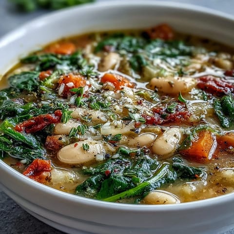 A bowl of hearty Tuscan white bean and spinach soup with tender vegetables and fresh herbs.  