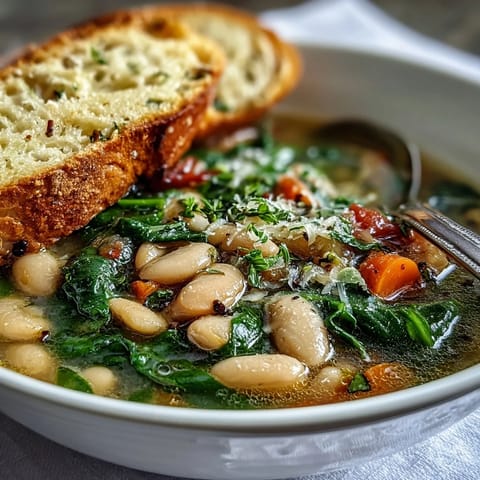 Creamy slow-cooked white bean soup with spinach, carrots, and celery, topped with fresh basil.  
