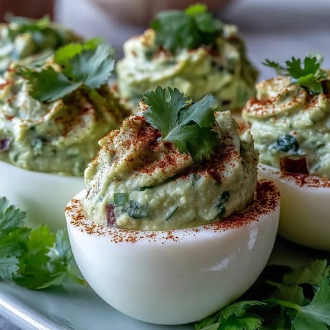 Creamy guacamole stuffed into classic deviled eggs, garnished with smoked paprika and fresh cilantro for a fresh twist.  