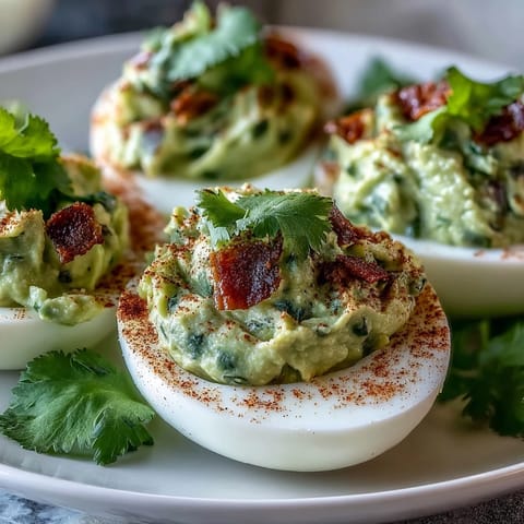 Vibrant avocado and lime guacamole filling transforms traditional deviled eggs into a zesty appetizer, perfect for parties.  