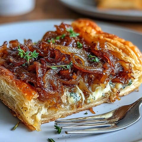 Golden French Onion Puff Pastry Tart with caramelized onions, melted Gruyère, and fresh thyme on flaky pastry, ready to serve.