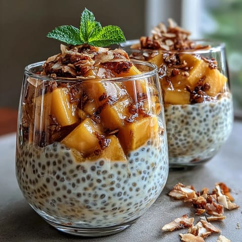 Creamy mango chia pudding with coconut milk and fresh mango chunks, garnished with toasted coconut flakes for a tropical breakfast treat.