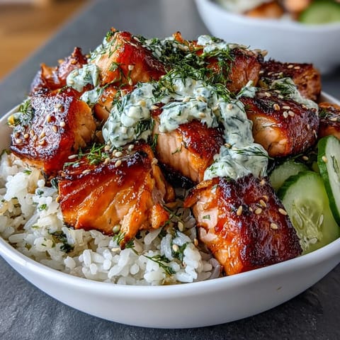 Fluffy white rice topped with cooked salmon, drizzled with zesty spicy mayo, garnished with fresh cucumber and sesame seeds.  