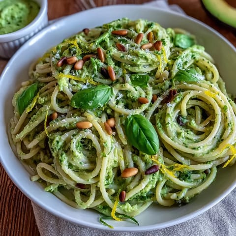 Delectable creamy avocado pesto pasta, ready in twenty minutes, adorned with fresh basil.