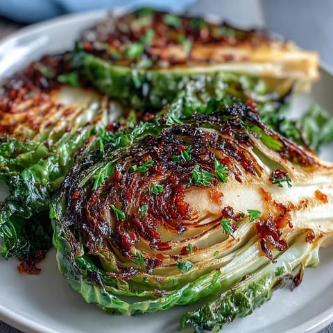Thick-cut cabbage steaks roasted until caramelized, seasoned with garlic, smoked paprika, and fresh lemon zest.  
