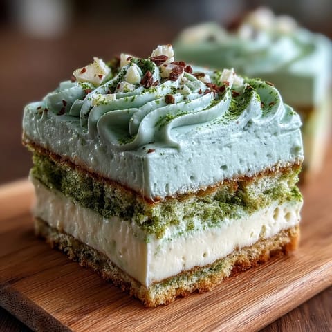 A beautiful matcha tiramisu with layers of green tea-soaked ladyfingers and creamy mascarpone, dusted with vibrant matcha powder.