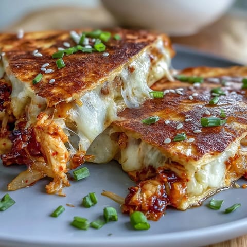 Crispy kimchi quesadillas with melted cheese and tangy kimchi, blending Korean and Mexican flavors for a quick, satisfying meal.
