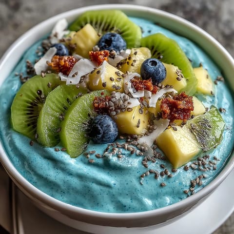 Creamy blue spirulina smoothie bowl, beautifully adorned with fresh pineapple and kiwi slices.