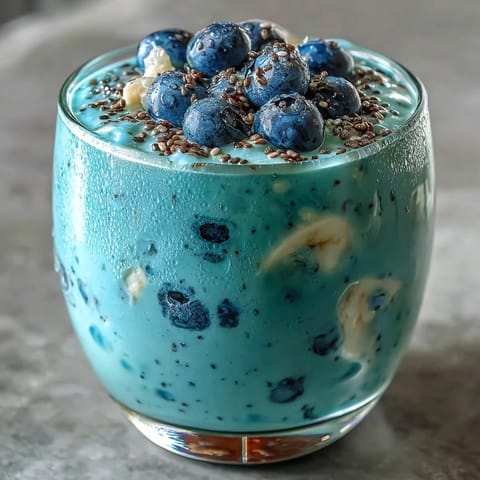 Creamy Probiotic Kefir Smoothie with vibrant blueberries and flaxseed swirl.