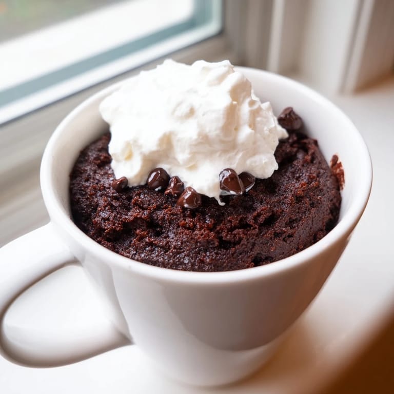 Close-up of a perfectly cooked chocolate mug cake, a quick and easy dessert recipe.