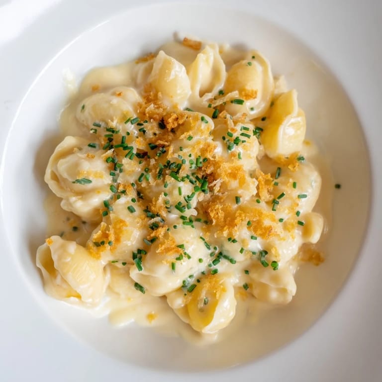 Close-up of golden stove-top mac and cheese, garnished with chives, inviting a taste.