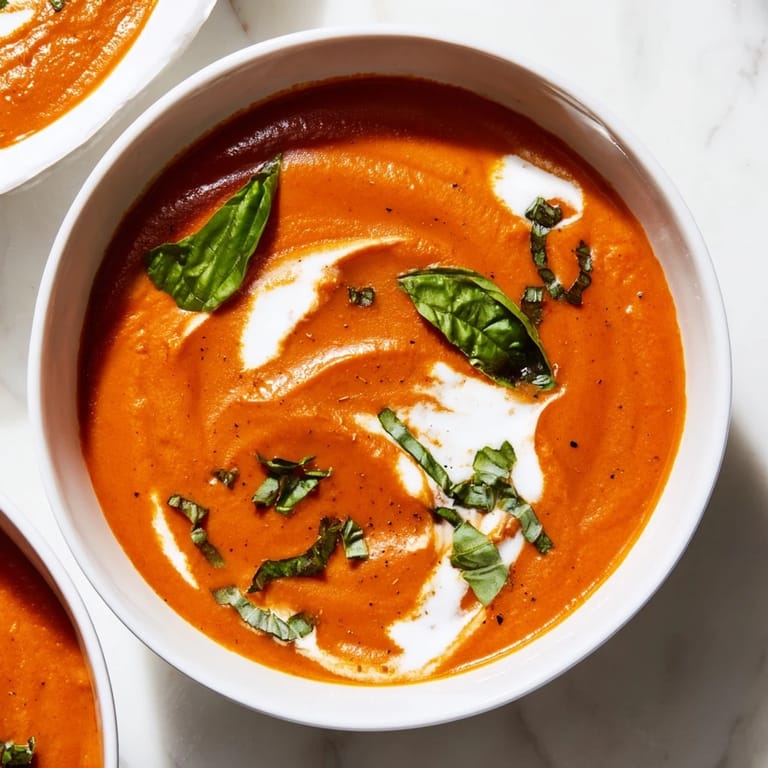 This photo features a comforting, warm bowl of tomato and basil Comfort Soup, ready to be enjoyed.