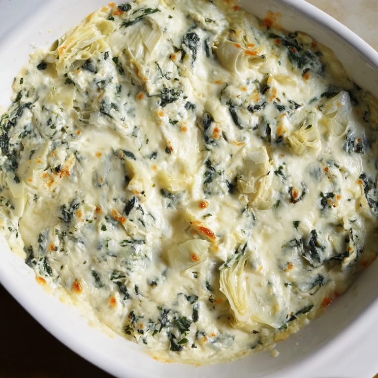 Close-up of a creamy Warm Spinach and Artichoke Dip, perfect for a party appetizer with crackers.