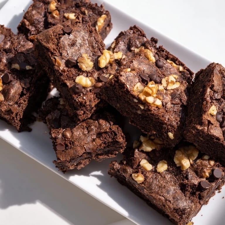 A close-up of freshly baked Fudgy Walnut Brownies, showing a fudgy interior and crunchy walnuts.