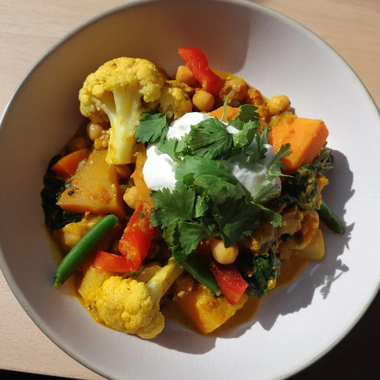 This Waste-Free Vegetarian Curry features tender vegetables simmering in creamy coconut milk seasoned with spices.