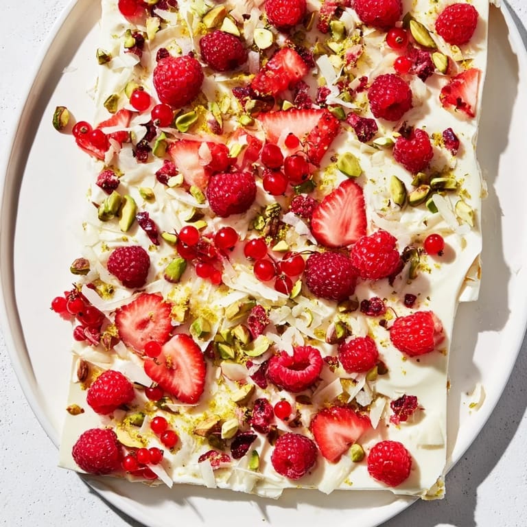 Sweet frozen yogurt bark, layered with ruby-red berries and crunchy nuts, ready to enjoy.