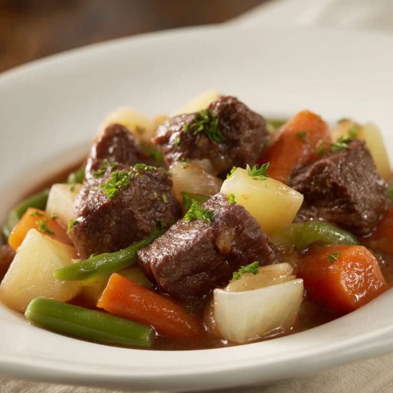Hearty, homemade beef and vegetable stew: chunks of beef and carrots simmered in a pressure cooker.