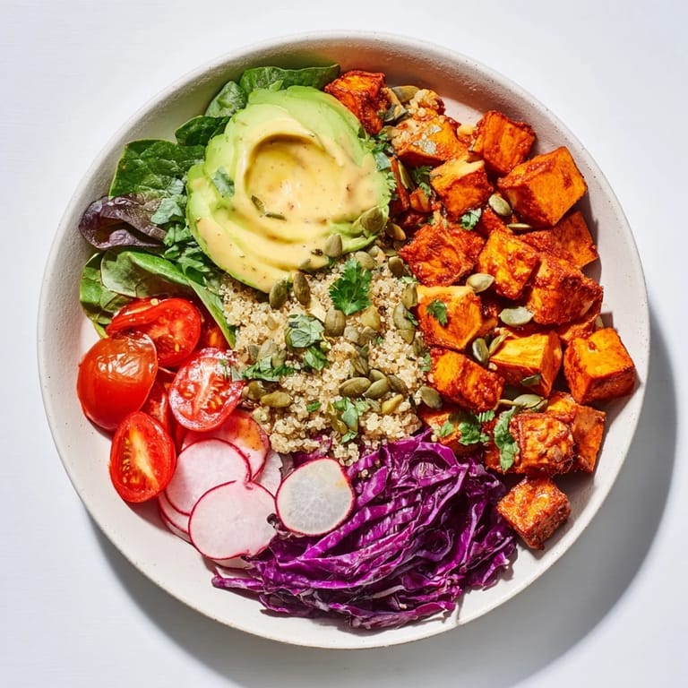 Vibrant photo showing a colorful Complete Veggie Bowl: quinoa, sweet potatoes, and fresh toppings drizzled with tahini.