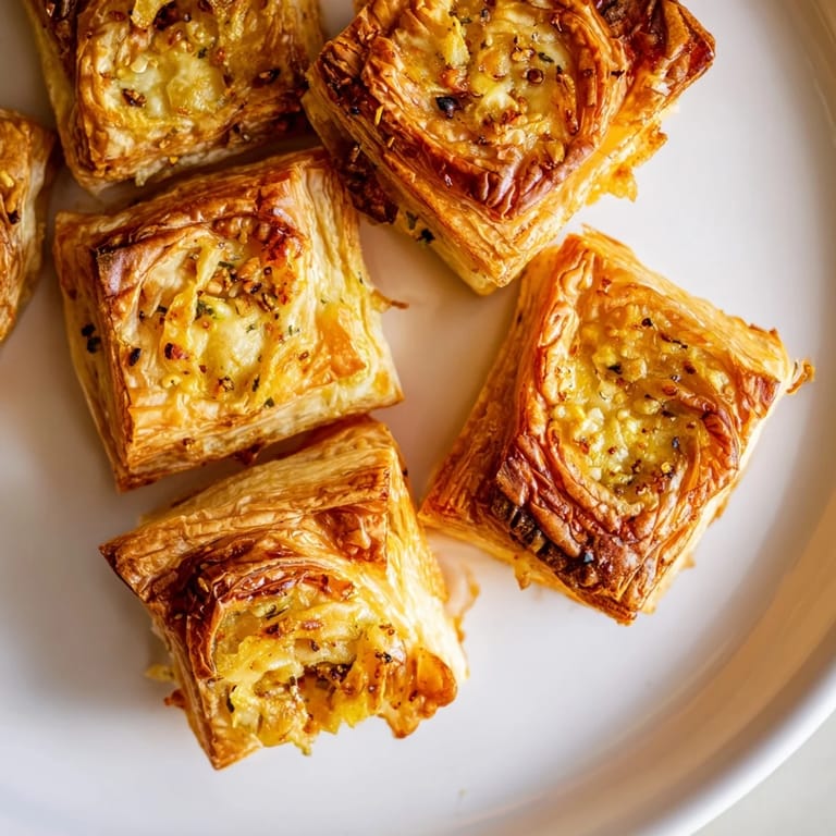 Spicy and cheesy Cheese and Spice Puff Pastry Bites, fresh from the oven, offering a delightful and warm bite.