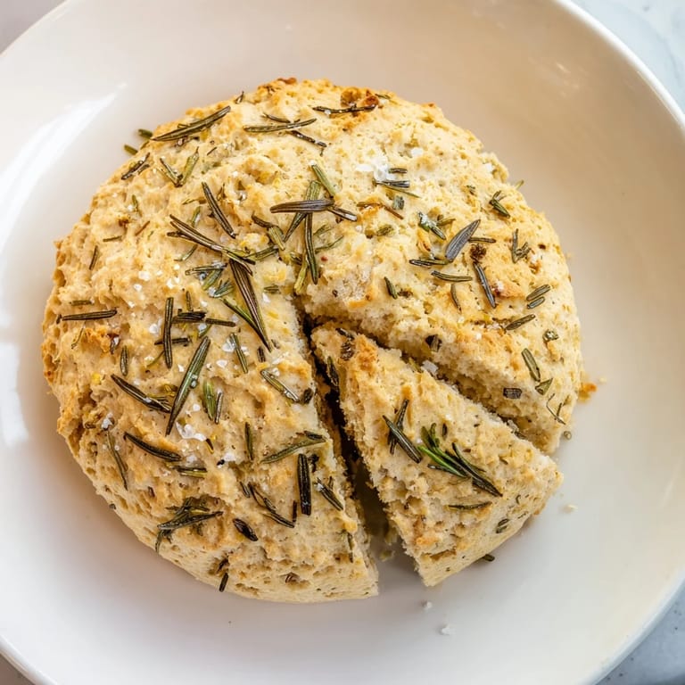 Warm, rustic Yeast-Free Garlic and Rosemary Bannock Bread, showing the scored wedges before serving with soup.