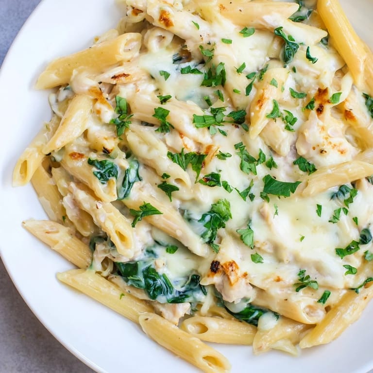 One-pot Magic Casserole: a creamy spinach pasta dish, rich with mozzarella and fresh spinach.