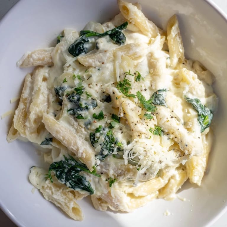 Enjoy the comforting flavors of this Magic Casserole—a creamy spinach pasta with Parmesan.