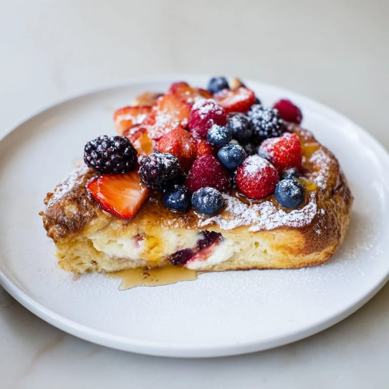 Warm French toast with juicy, ripe berries creates a visually appealing and delicious breakfast treat.