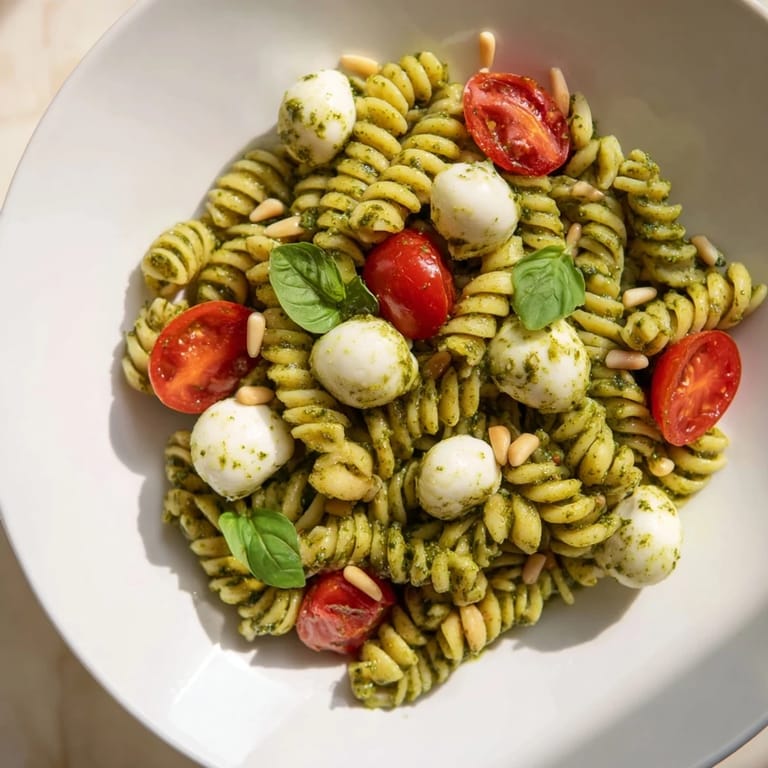 A close-up of delicious cold pasta salad with pesto, fresh mozzarella, and ripe tomatoes.