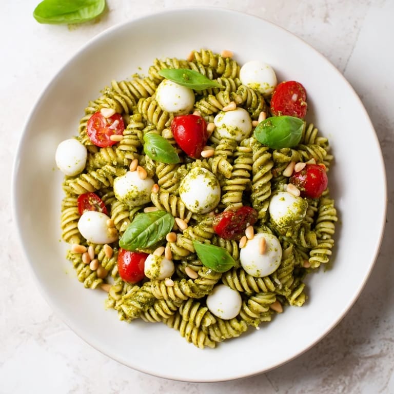 Vibrant cold pasta salad featuring creamy mozzarella, tossed with flavorful pesto and tomatoes.