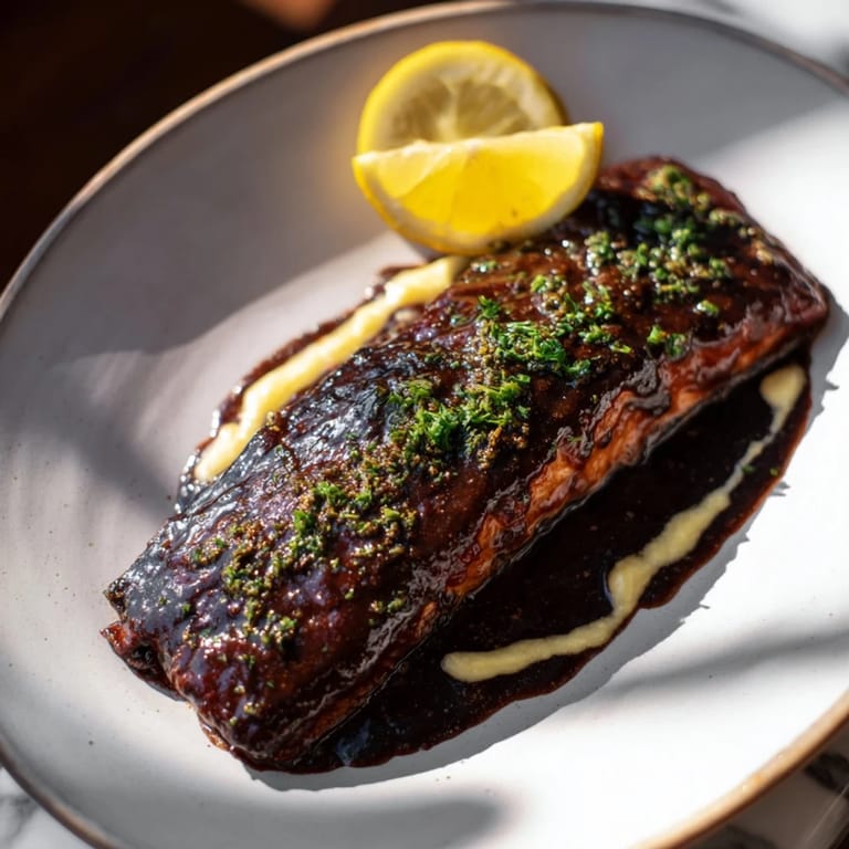 Perfectly broiled Honey Mustard Glazed Salmon, glistening under a sprinkle of fresh parsley garnish.