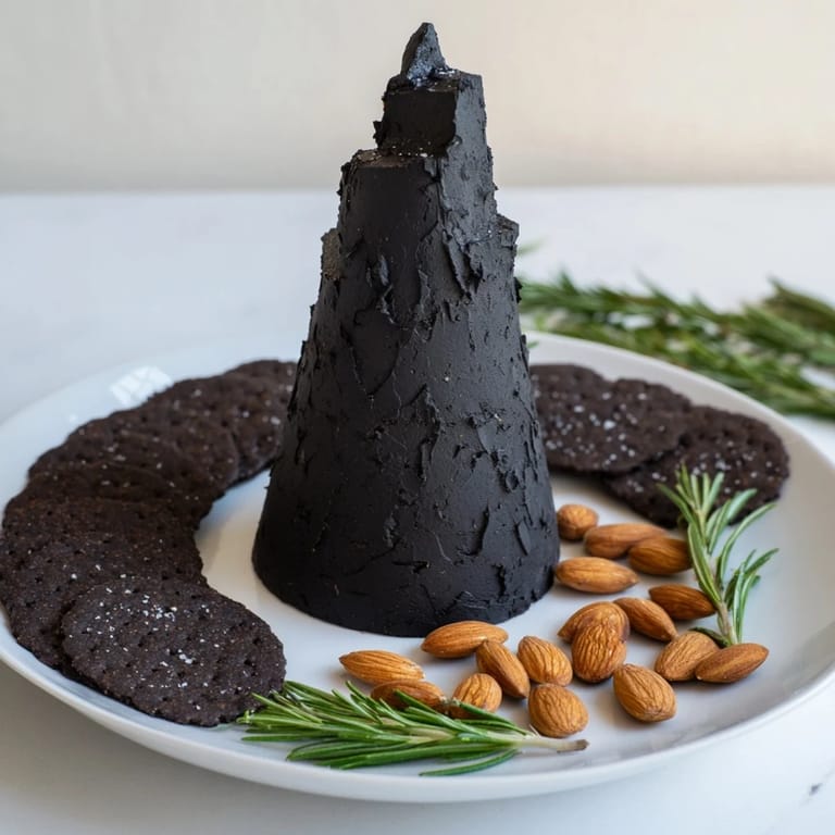 Serve The Obsidian Peak: A visually stunning cheese platter featuring black cheddar, almonds, and crackers.