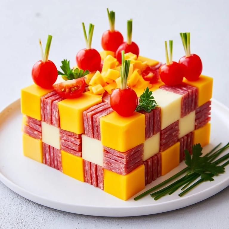 Imagine a festive The Checkerboard Chalet, a Swiss and cheddar chalet atop a flavorful checkerboard of ham and salami.