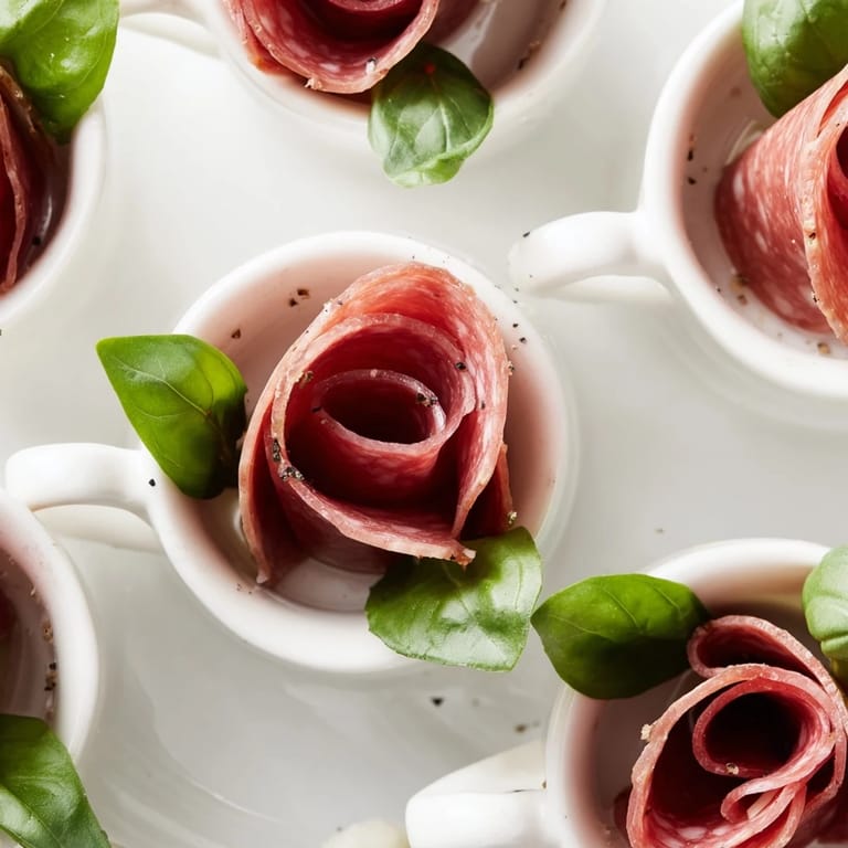 Flavorful Victorian Tea Rose made with delicately rolled salami and pepperoni, ready to enjoy.