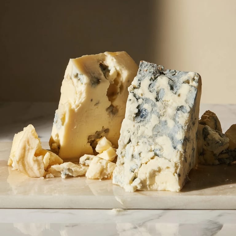 A close-up of The Marble Quarry, showcasing creamy blue cheese and sharp cheddar served beautifully.