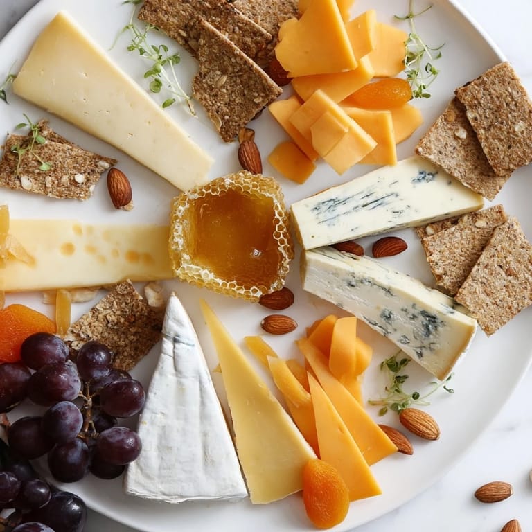 A gorgeous The Gilded Hive appetizer: an elegantly arranged cheese and cracker board, ready to serve.
