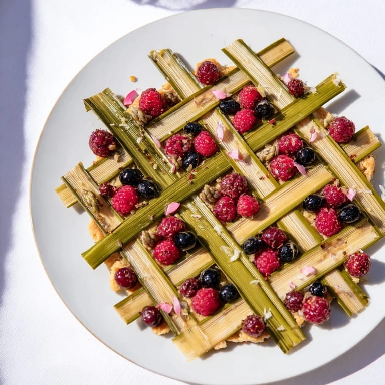 A colorful The Botanical Lattice appetizer: fresh berries nestled within an intricate asparagus and chive lattice design.