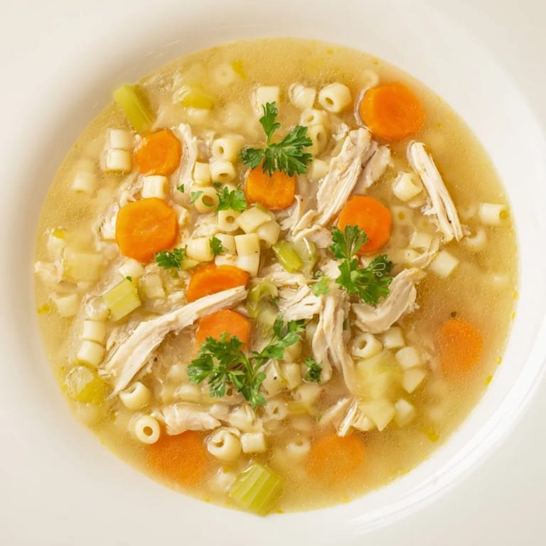 Homemade Chicken and Ditalini Flu Fighter Soup, a comforting bowl filled with flavorful broth and pasta.