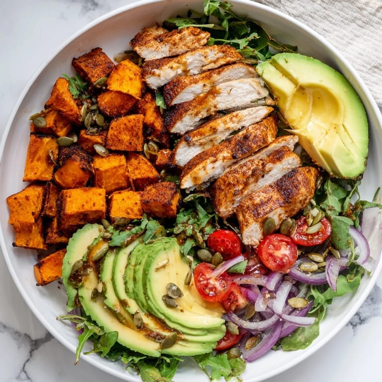 A colorful Avocado and Sweet Potato Chicken Bowl featuring grilled chicken, roasted sweet potatoes, and a spicy honey drizzle.