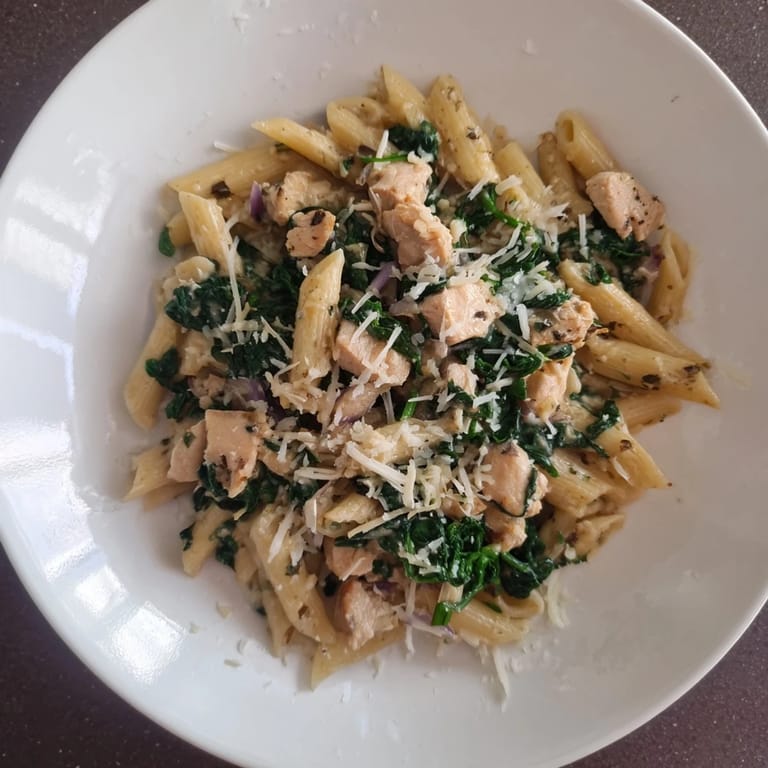 Close-up of a flavorful one-pot spinach and chicken pasta, with visible vegetables and cheese.